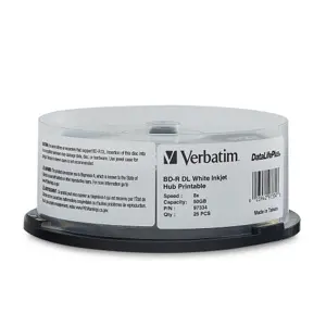 VERBATIM Blu-ray Media BD-R DL 50GB 8X Blu-ray CD, White Label, DataLife+, White InkJet Hub Printable Spindle Box 10Pcs